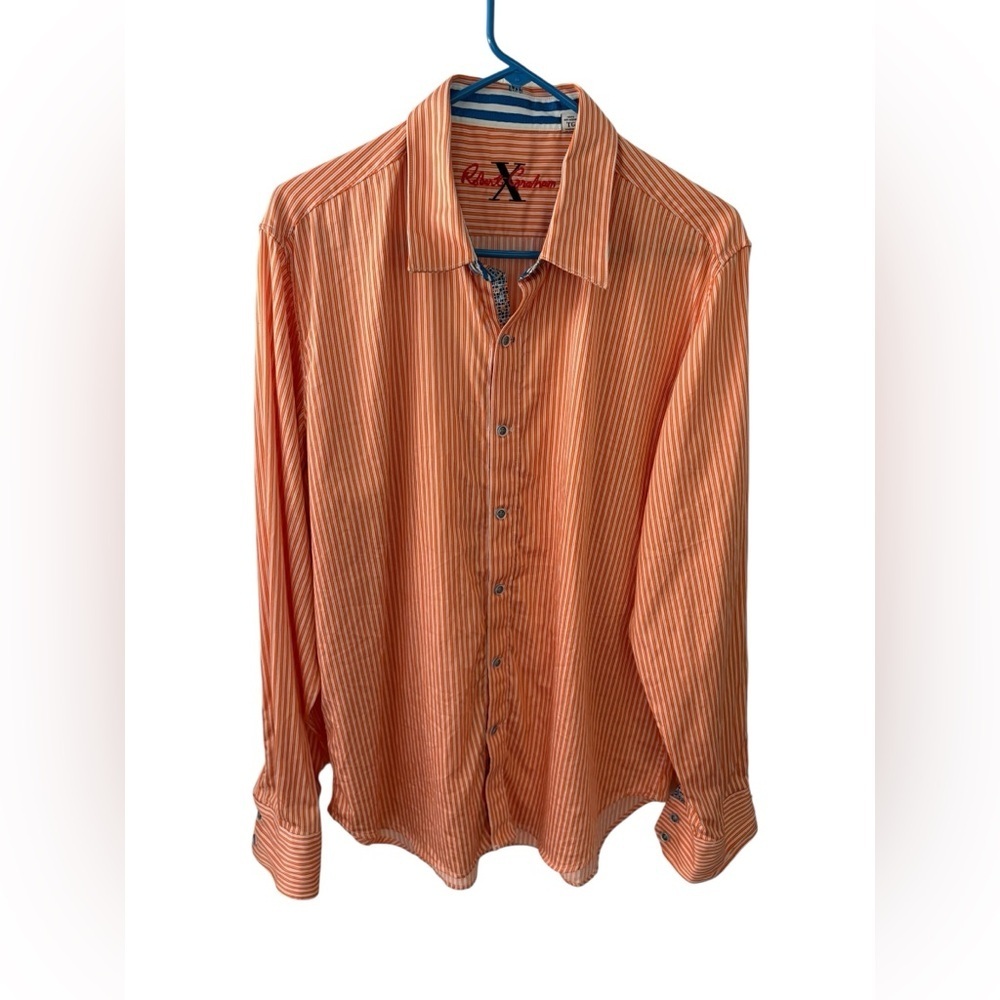 ROBERT GRAHAM Button Front Shirt Men's Orange White Stripes Cotton XL Flip Cuffs